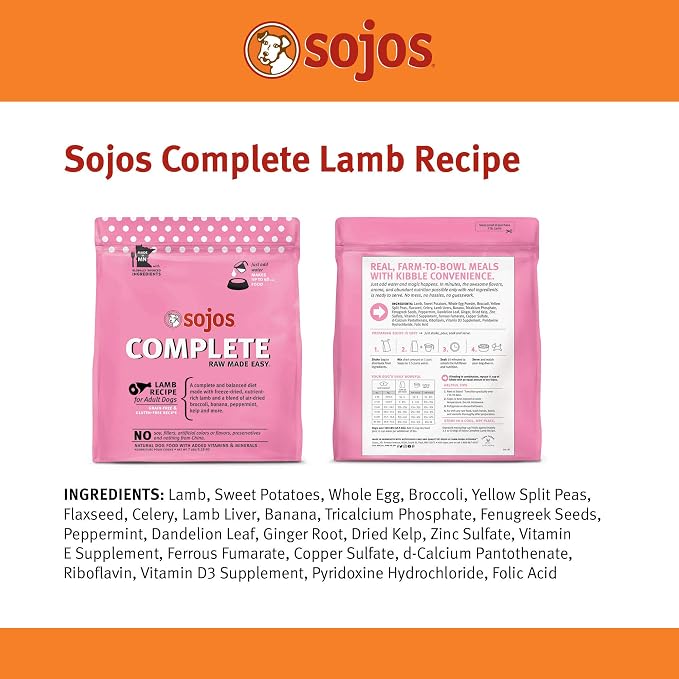 Sojos Complete Freeze Dried Raw Adult Dry Dog Food, Grain Free, Natural, Lamb Recipe, 7 lb Bag