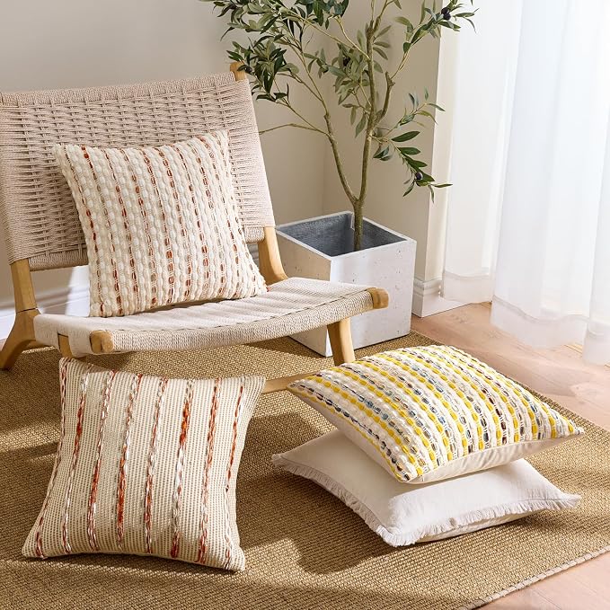 ANRODUO Boho Decorative Throw Pillow Covers Rust Stripe 20x20 Inch Set of 2 | Woven Chenille Decorative Cushion Case with Striped Farmhouse Accent Neutral Pillowcase for Couch Sofa Bed Living, Room Decor