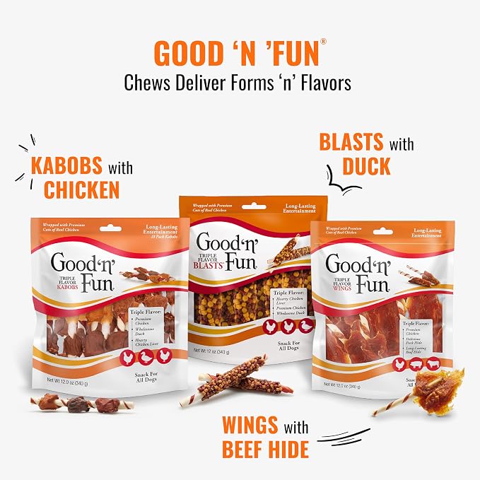 Good 'n' Fun Kabobs Long-Lasting Dog Treat Made With Real Protein, 24 oz | Premium Chicken, Pork and Beef Hide Chew, Supports Dental Health and Mental Stimulation, For Adult Dogs