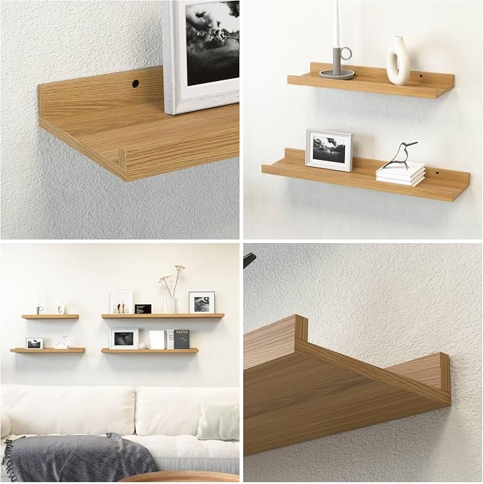 RICHER HOUSE 8-Set Floating Shelves with Lip, Oak Wall Mounted Wood Shelf | Display Picture Ledge Shelf, Anti-drop lip Shelf for Room Wall Decor, Bedroom Bathroom Storage Nursery Hanging Book Shelves