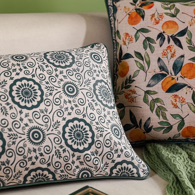 patdrea Vintage Linen Throw Pillow Cover,18"x18",Set of 2-Palladin B | Elegant Decorative Pillow Case,Orange Citrus Fruit Print,Pillow Cover for Couch Living Room Bedroom Sofa