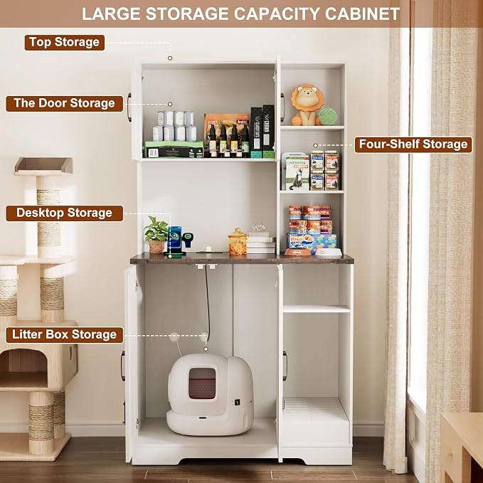 71Inches Tall Cat Litter Box Enclosure for Cats W/Power Outlets,Open Shelves.Wooden Pet Washroom Furniture W/Locks,Cabinet.Indoor Cats House,Hidden Cat Litter Box for Living Room,Bedroom(White-3)