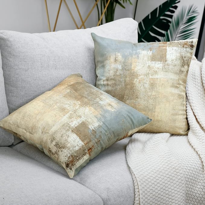 Grey and Beige Abstract Art Contemporary Pillow Cover, Modern Neutral Decorative Throw Pillows Cushion Cover for Bedroom Sofa Living Room 18 x 18 Inch Set of 2
