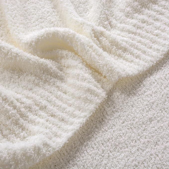 Cream White Fuzzy Knitted Blanket, Soft Lightweight Plush Queen Size for Bed, Cozy Nights (90x90)