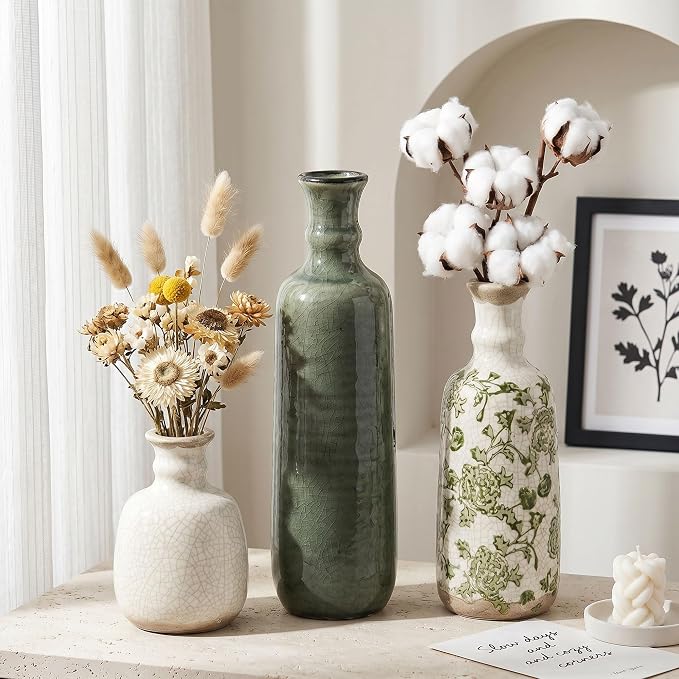 Ceramic Vase Set, 3Pcs Flower Vases for Modern Boho Farmhouse Decor, Decorative Vases for Pampas Grass & Dried Flowers, Distressed Finish