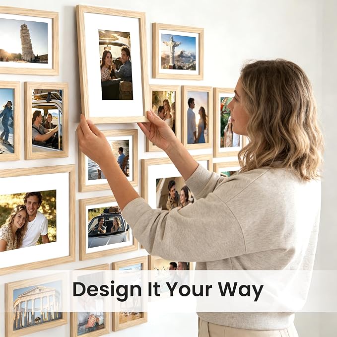 upsimples Picture Frames set of 19, Including 8x10, 5x7, 4x6 Natural Frame | Multi Picture Frames Collage Wall Decor, Gallery Wall Frame Set, Gift For Christmas, Mothers' day, Wedding, Dorm, Living Room