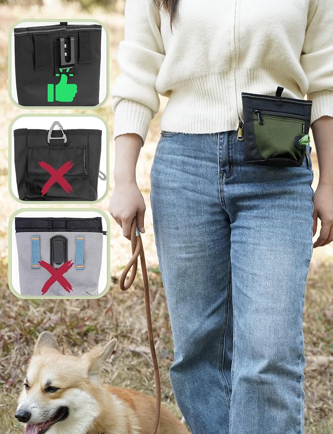 Gobeigo 2 Cup Dog Treat Pouch with Training Clicker(Black/Army Green) | 2 Pair Magnetic Closures, Zipper Pocket with Poop Bag Holder, Waist Belt & Metal Clip to Wear for Pet Training/Daily Walking