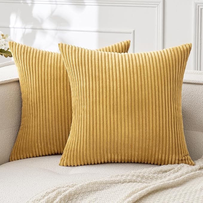 MIULEE Fall Decorative Corduroy Throw Pillow Covers Set of 2 20x20 Gold | Soft Striped Textured Cushion Cases, Boho Rustic Square Pillowcases Neutral Home Decor, for Couch Chair Sofa Bed Living Room