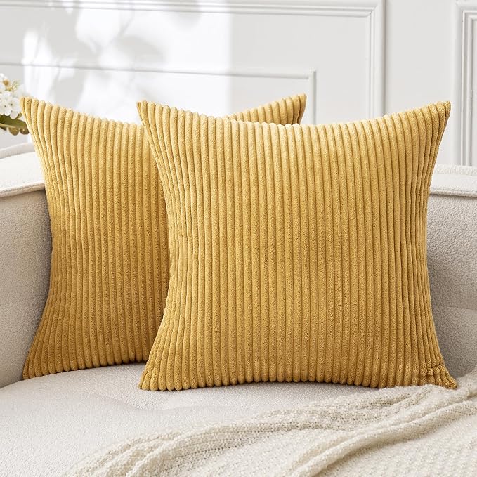 MIULEE Fall Decorative Corduroy Throw Pillow Covers Set of 2 16x16 Gold | Soft Striped Textured Cushion Cases, Boho Rustic Square Pillowcases Neutral Home Decor, for Couch Chair Sofa Bed Living Room