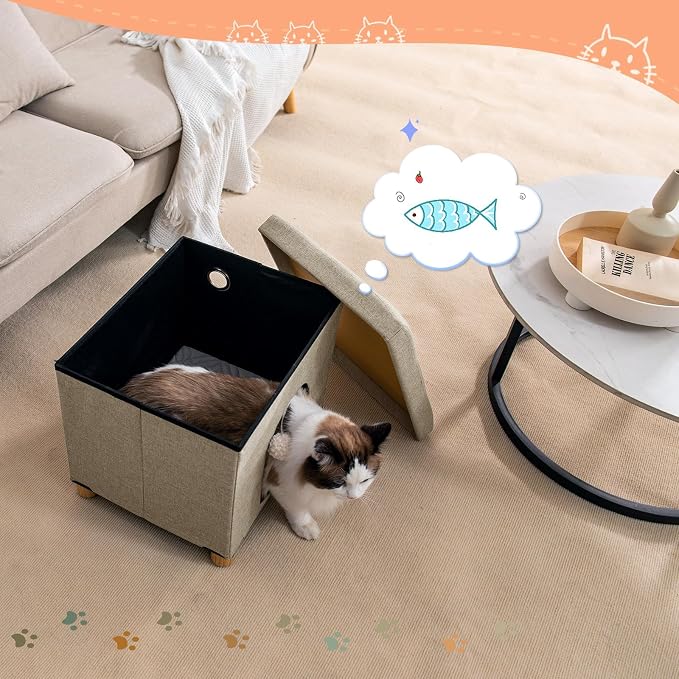 BRIAN & DANY Cat Beds for Indoor Cats,Cat Cave House for Kitten with Scratch Board & Ball, 14.7" x 14.1” x 12.7”, Light Khaki