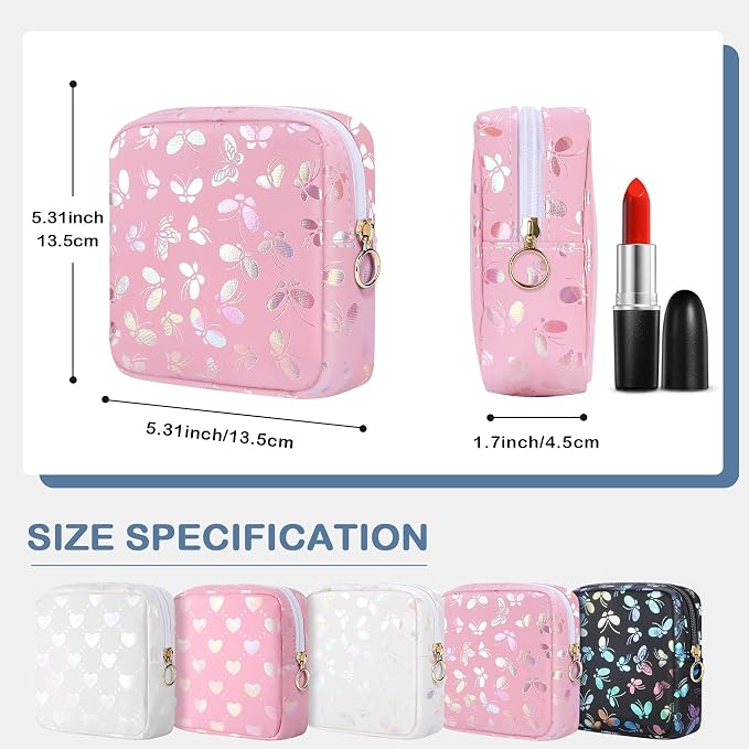 Likesing Period Bag Pouch, Leather Sanitary Napkin Storage Bag for Girls Womens, Portable Sanitary Napkin Period Pad Pouch Bag for Purse, Small Make Up Bags(Pink Butterflies)