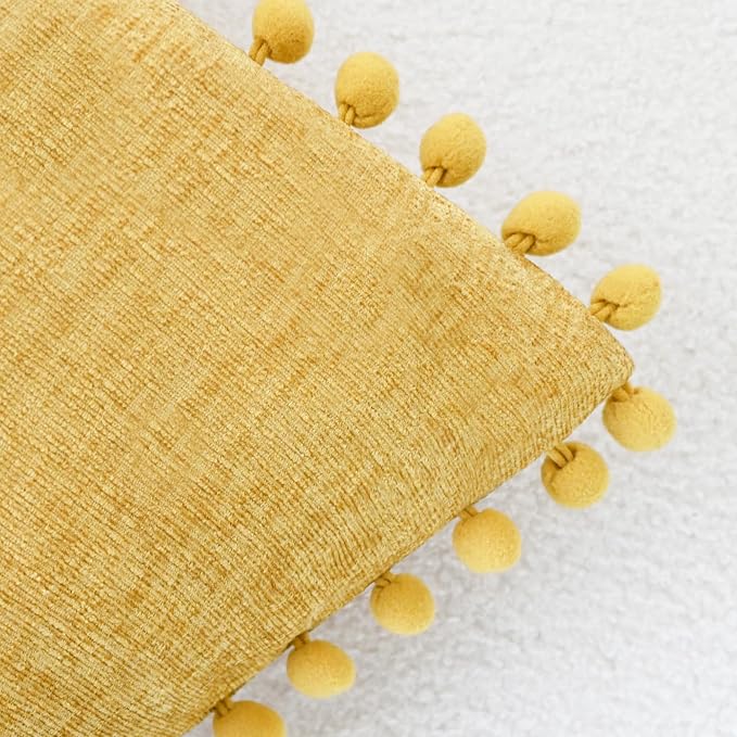 CaliTime Decorative Couch Throw Pillow Covers 20 X 12 Inches Gold | Pack of 2, Cozy Chenille Cushion Cases, with Pom Poms for Sofa Bed Living Room Farmhouse Home