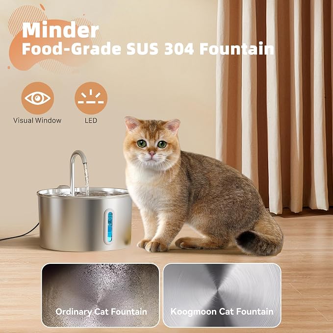 Cat Water Fountain Stainless Steel: 2.2 L Cat Fountain for Drinking - Automatic Pet Water Fountain for Cats Inside - Metal Cat Dog Water Dispenser Bowl with Faucet Water Level Window Ultra Quiet Pump | Automatic Metal Pet Water Fountain for Cats Inside...
