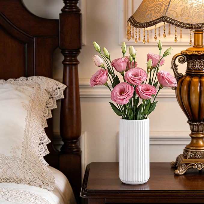 White Ceramic Flower Vase for Pampas Grass, 6 inch Small Decorative Centerpiece Ribbed Vase for Dining Table, Office Desktop, Shelf Bookshelf, Mantel, Bathroom, Countertop, Farmhouse, Gift