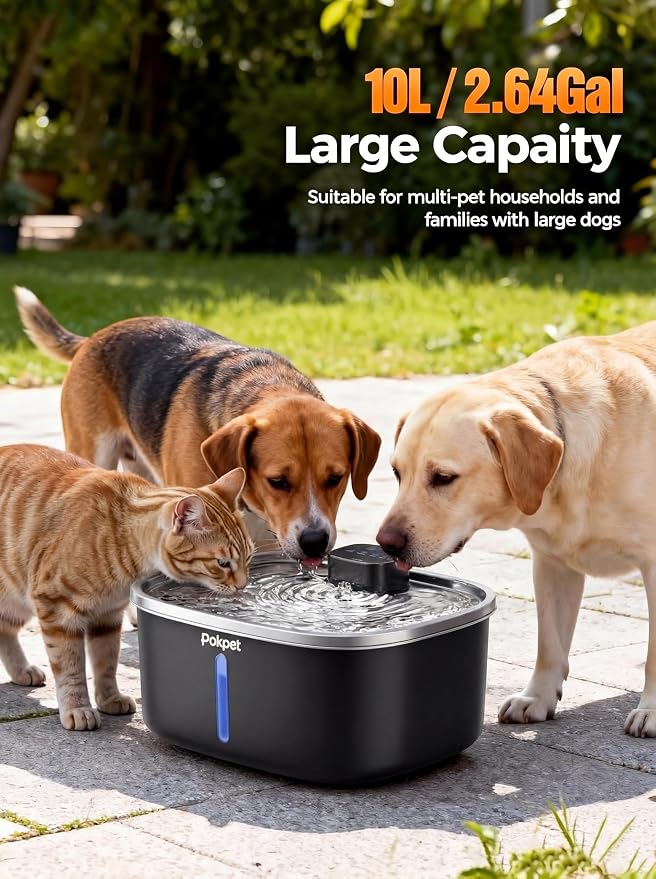 Cat Dog Water Fountain, Stainless Wireless Pet Water Bowl | 10L wireless dog water bowl for large dogs&cats, sensor flow, quiet , 4000mAh battery, 15-25 day runtime and 1 filter set