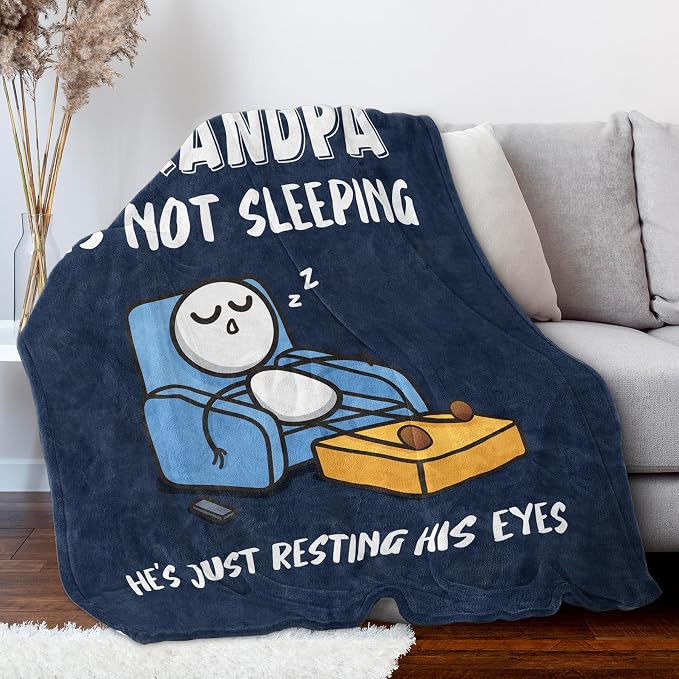 Funny Grandpa Birthday Gifts, Grandpa is Not Sleeping Blanket | Grandpa Gifts from Grandkids, Super Soft Throws Blanket for Napping, Promoted to Grandpas Gifts, 50" x 60" (Navy Blue)