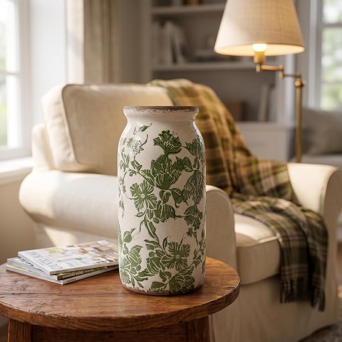 Vintage Green Tuscan Ceramic Vase, Rustic Flower Vases for Home Decor, 8in | Farmhouse Planter with Crackle Glaze, Floral Holder for Home Decor, Fresh Flowers, Rustic Tuscan Style, Living Room