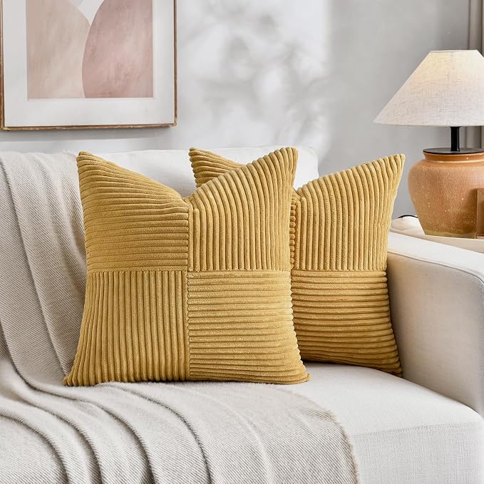 Fancy Homi Mustard Yellow Euro Decorative Throw Pillow Covers 26x26 Inch for Living Room Couch Bed, Farmhouse Boho Home Decor, Soft Corss Corduroy Patchwork Textured Square Cushion Case 66x66 cm