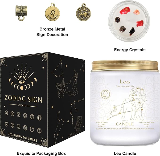Leo Zodiac Crystal Candles - Astrology Gifts for Women, Scented Candle Jar for Birthday or Sister Zodiac Gift