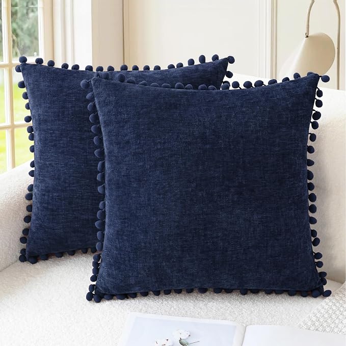 CaliTime Decorative Couch Throw Pillow Covers 20 X 20 Inches Navy Blue | Pack of 2, Cozy Chenille Cushion Cases, with Pom Poms for Sofa Bed Living Room Farmhouse Home