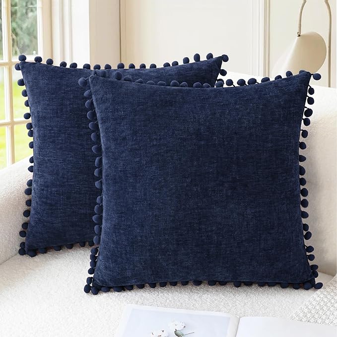 CaliTime Decorative Couch Throw Pillow Covers 16 X 16 Inches Navy Blue | Pack of 2, Cozy Chenille Cushion Cases, with Pom Poms for Sofa Bed Living Room Farmhouse Home
