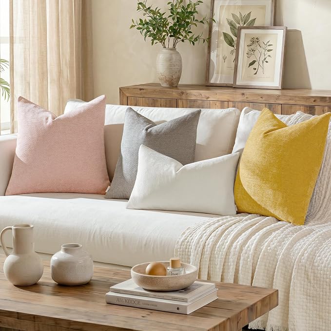 Fall Decorative Throw Pillow Covers Pack of 2,18x18 Inch Mustard Yellow | Twill Chenille Cushion Covers for Sofa Living Room Couch Bed