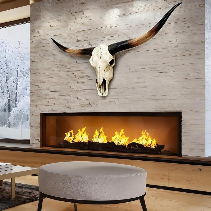 JUNTHORB 70in Longhorn Wall Decor, Extra Large Authentic Croissant，Cow Skull Wall Decor，cow horns, cow horn wall decoration, long horn skull，Handmade Farmhouse Decor