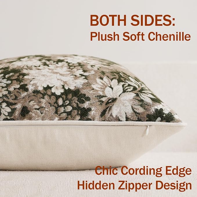 Pack of 2 Vintage Floral Throw Pillow Covers 18x18 Boho Farmhouse Accents Chenille Square Decorative Pillow Cases for Living Room Couch Bed Home Decor, Green and Taupe