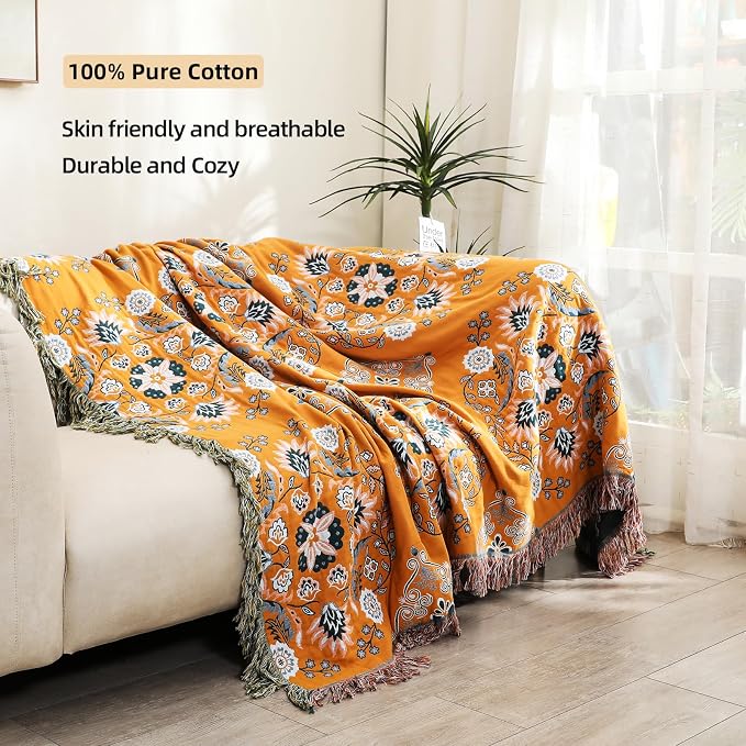 VANJOROY Boho Throw Blanket, 100% Cotton Soft Sofa Bed Queen Throw-Floral Farmhouse Decor Blanket, Reversible Bohemian Yellow Throw for Chair Couch Quilt and Gift, 80" x 90"