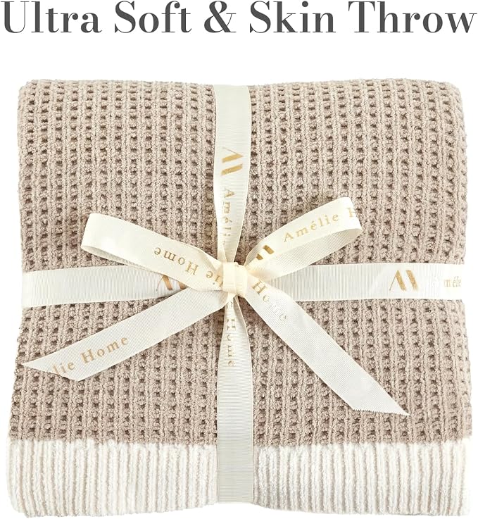 Chenille Throw Blanket, Soft Cozy Waffle Throw for Couch & Sofa, Warm Yet Lightweight, Breathable All-Season Throws for Women Men, Housewarming, Birthdays, 60"x80", Beige