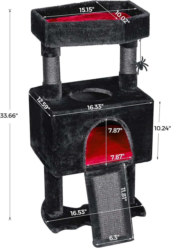 BEWISHOME Cat Tree Tower for Indoor Cats, Gothic Cat Trees with Coffin Bed | Goth Cat Tree/Condo/House with Scratching Posts, Cat Shelves with Spider Toy, Pet Play Activity Center Black with Red MMJ95R