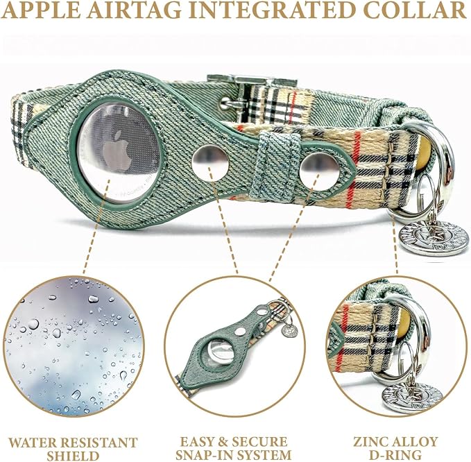 Airtag Dog Collar for Apple Airtag, GPS Tracking Soft Adjustable Collar for Small, Medium, Large Dogs, Smart Collars for Dogs and Cats (Beige Plaid & Denim, Large)