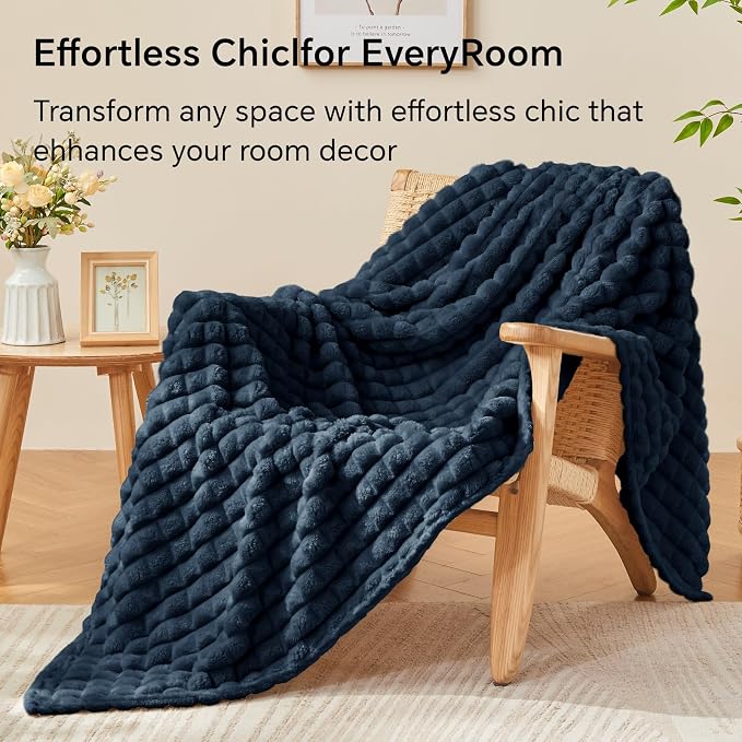 BEDELITE 3D Checked Navy Blue Fleece Throw Blanket for Couch, 50x60 Inches | Soft Warm Fuzzy Fluffy Blanket for Bed Sofa, Lightweight Plush Cozy Blankets for Home Room Decor, Gift for Women, All Season