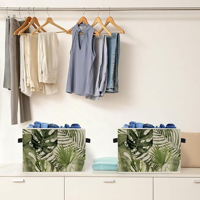Boho Tropical Botanical Storage Box Bins, Green Monstera Palm Plant Leaf Collapsible Storage Basket Organizer for Bedroom Laundry Room Home Clothes Books, Decor for Room