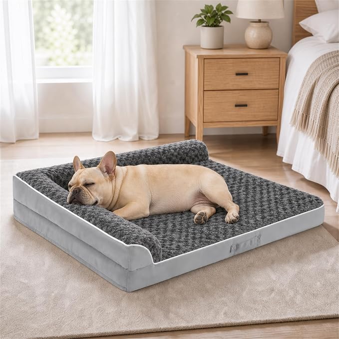 Orthopedic Dog Bed for Medium Size Dog, 36"x27"x6.5", Grey | Waterproof, Washable Cover, L-Shaped Pet Couch, Egg-Crate Foam for Pressure Relief, Portable Handle