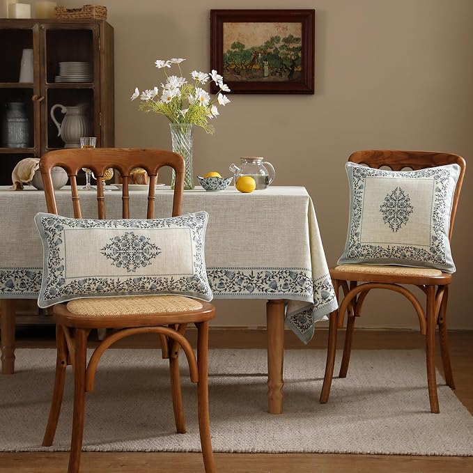 Designer Linen Throw Pillow Cover,Set of 2,20"x12"-Segerman A | Elegant Chinoiserie Rectangle Pillow Cover,Concealed Zipper Design,Floral Pattern,Sofas,Bedroom,Living Room,Lounge Chairs