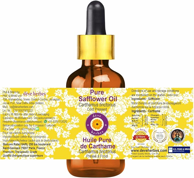 dève herbes Pure Safflower Oil (Carthamus tinctorius) with Glass Dropper Cold Pressed (Pack of Three) 100ml X 3 (10 oz)