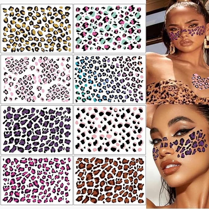 8 Sheets Leopard Print Temporary Tattoos Cheetah Print Face Tattoos Mixed Styles Tiger Tattoos Cute Animal Print Stickers Waterproof Leopard Halloween Fake Tattoo for Kids Boys Girls Body Art Makeup