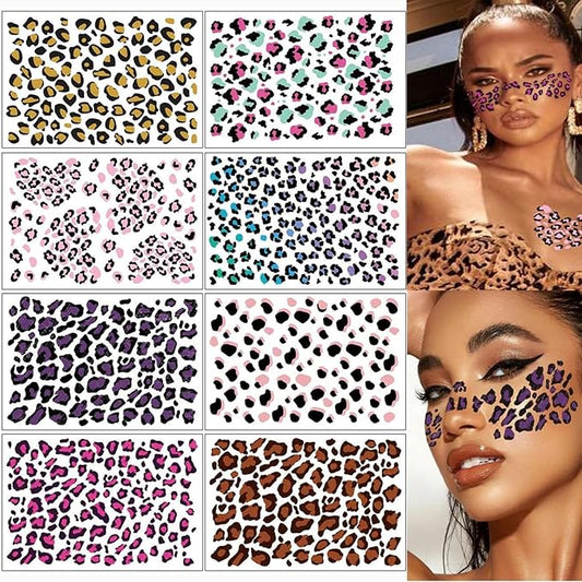 8 Sheets Leopard Print Temporary Tattoos Cheetah Print Face Tattoos Mixed Styles Tiger Tattoos Cute Animal Print Stickers Waterproof Leopard Halloween Fake Tattoo for Kids Boys Girls Body Art Makeup