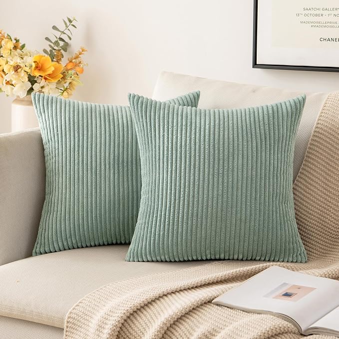 MIULEE Soft Corduroy Throw Pillow Covers Set of 2 18x18 Greyish Green | Decorative Striped Textured Cushion Cases, Boho Natural Greenery Pillowcases, Home Decor for Couch Chair Sofa Living Room