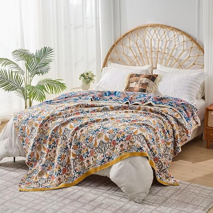 Boho Throw Blanket Farmhouse Decor Throw Blanket Bohemian Blanket for Bed 100% Cotton Muslin Woven Couch Blanket All Seasons Quilt Bedroom (A-Whiite, 80"x90")