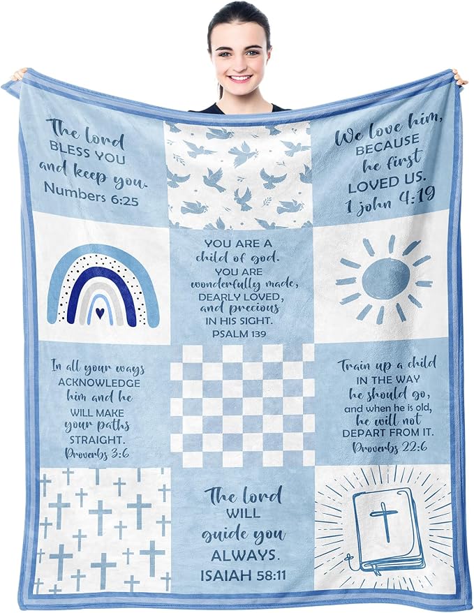 Baptism Gifts for Boys, Baptismal Gift Blanket 60"x50", Christian Present, Religious Bible Goddaughter/Godson Catholic Gift Ideas Throw Blankets, Baptism Favors Christening Gift for Boy