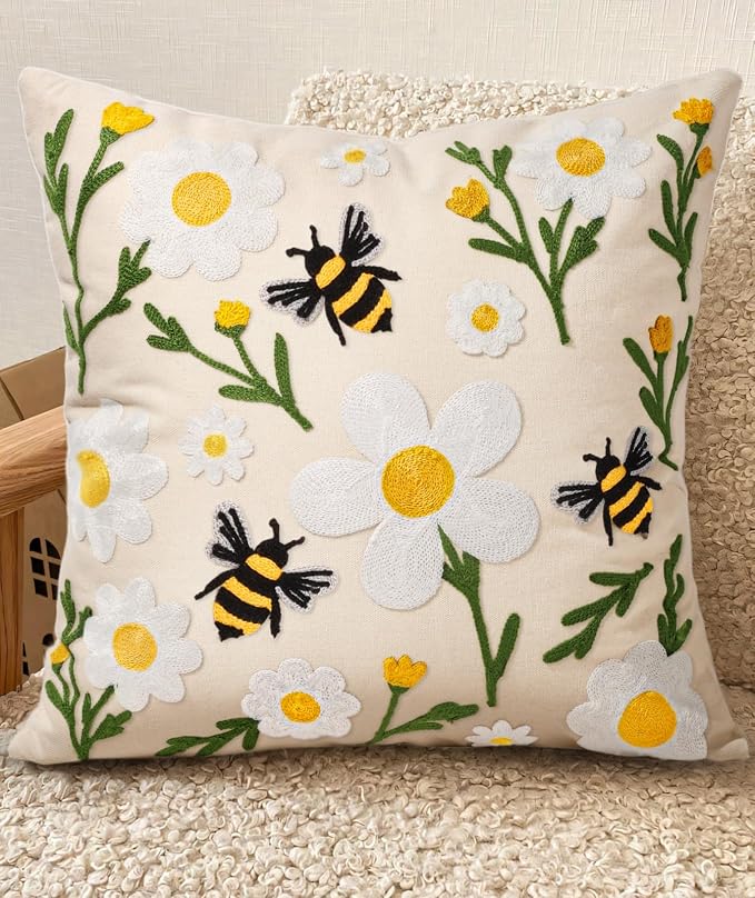 Embroidered Throw Pillow Cover 18x18 Inch, Flower Bee | Decorative Pillow Cover, Floral Farmhouse Cushion Case with Hidden Zipper, Home Decor for Couch, Sofa, Living Room, Bedroom