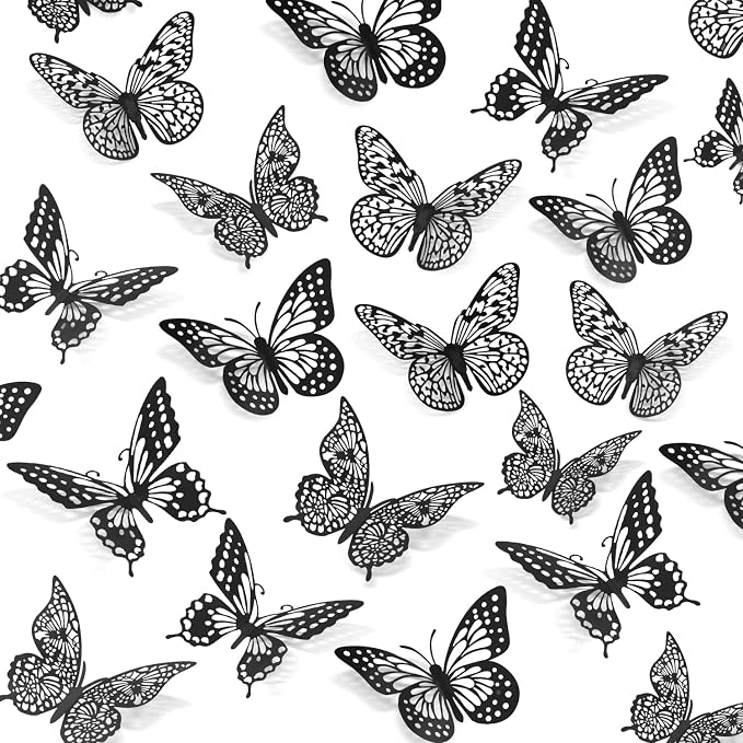 SAOROPEB 3D Butterfly Wall Decor 48 Pcs Black Butterfly Decoration Sticker | 4 Styles 3 Sizes Butterfly Birthday Decorations Butterfly Party Decorations Cake Decorations, Removable Stickers