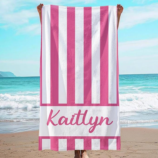 JML Personalized Beach Towel with Name, Custom Cabana Stripe Beach Towel, Customized Microfiber Pool Towel, Quick Dry & Absorbent Swim Towel for Adult,Anniversary, Birthday, Summer Holiday,Vacation