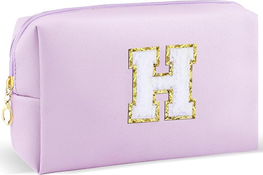 URSKYTOUS Gifts for Girls Initial Makeup Bag Personalized Cosmetic Bag with Zipper Cute Travel Toiletry Bag Waterproof PU Preppy Makeup Pouch Birthday Gift for Teen Girls Women(Purple H)