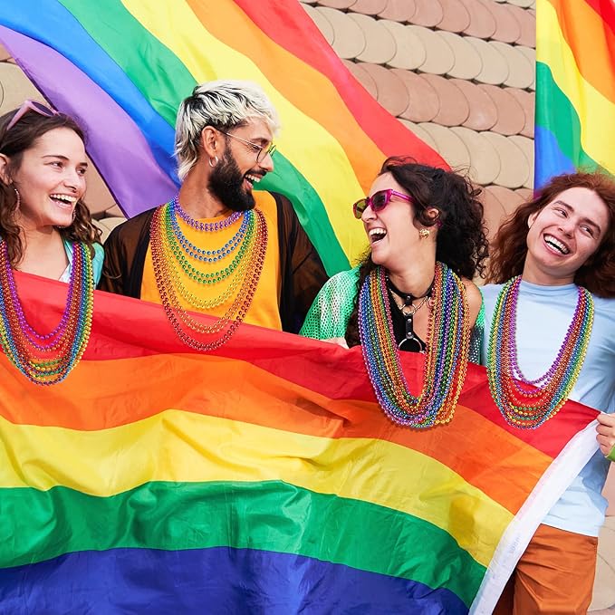 SHAOQINLIN 12 PCS Pride Beads Necklaces, Pride Necklace Accessories, Rainbow Beads Necklaces Bulk, Gay Lesbian Pride Month Parade Throws Pride Party Favors in 6 Colors