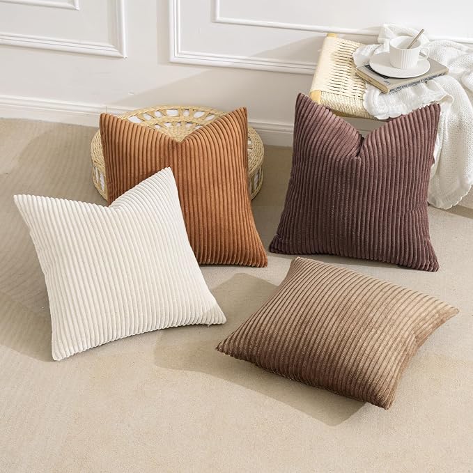 MIULEE Fall Corduroy Decorative Throw Pillow Covers Brown Series 20x20 | Set of 4, Mordern Rustic Fall Decor, Layered Brown Collection, Boho Farmhouse Cushion Covers for Couch Bed Sofa Living Room