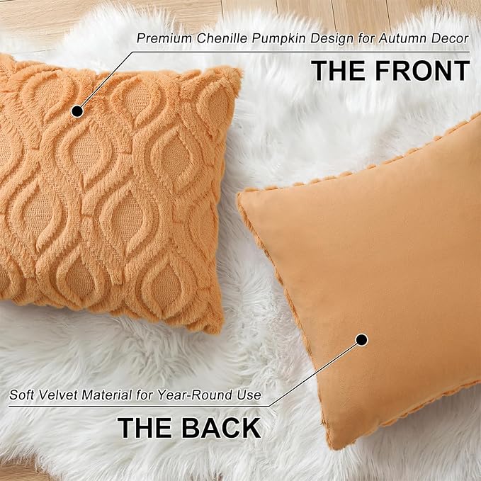 decorUhome Faux Fur Plush Light Orange Throw Pillow Covers 16x16 Set of 2 | Plush Solid Fall Couch Pillow Covers, Accent Modern Farmhouse Neutral Decorative Square Pillow Cases for Sofa Bed Living Room