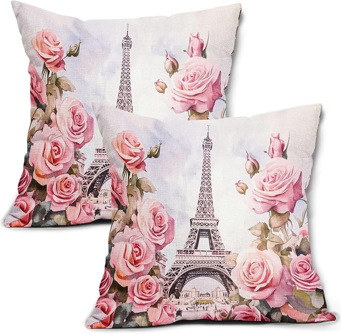Valentine's Day Pillow Covers 24X24 Inch Set of 2 Paris Street Romantic Love Pink Flower Decorative Pillow Cases Anniversary Wedding Cushion Case Valentine Party Home Decor for Sofa Couch
